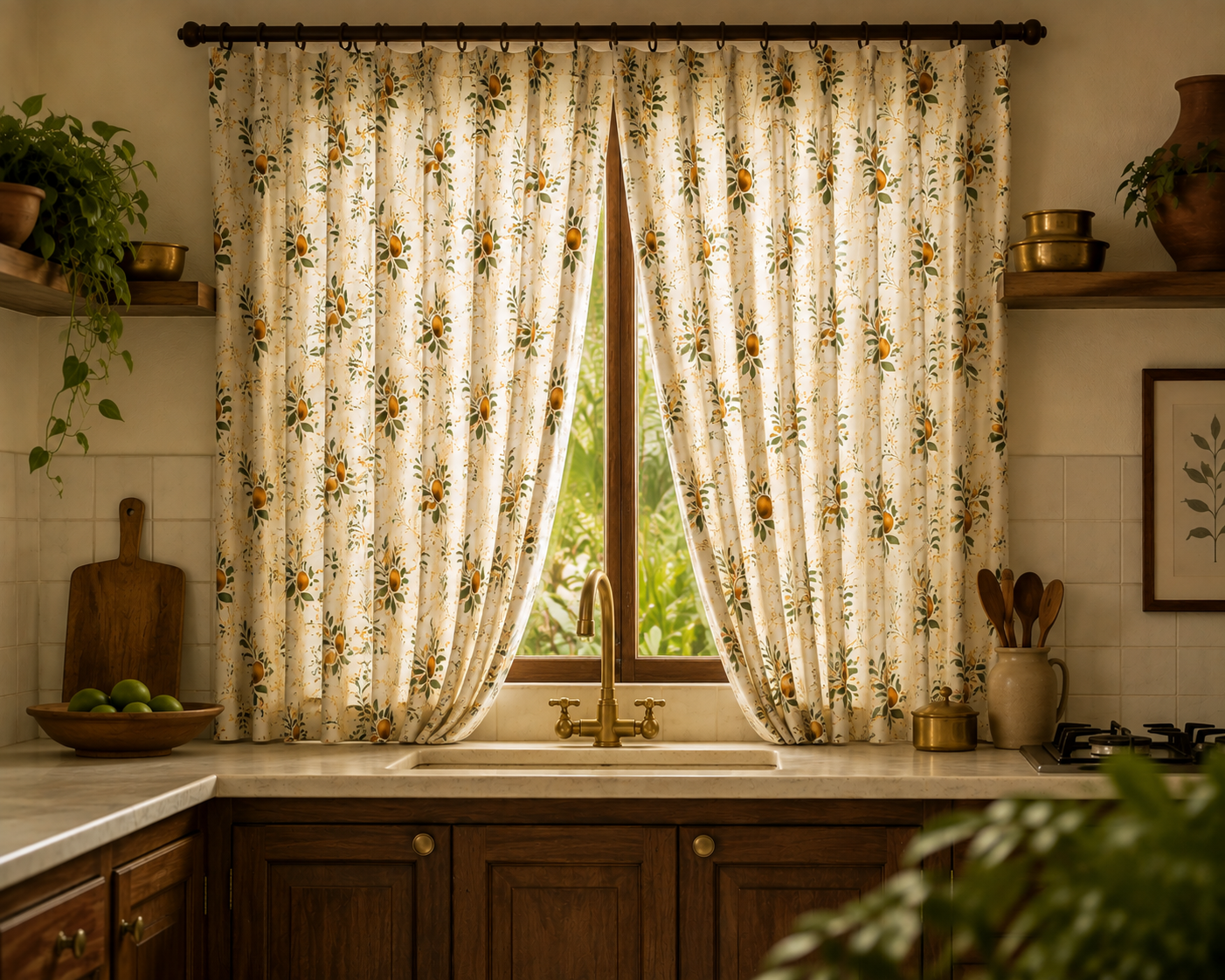 Floral curtain panels hanging on a window in a warm, rustic kitchen setting with wooden cabinets, a sink, and decorative plants.
