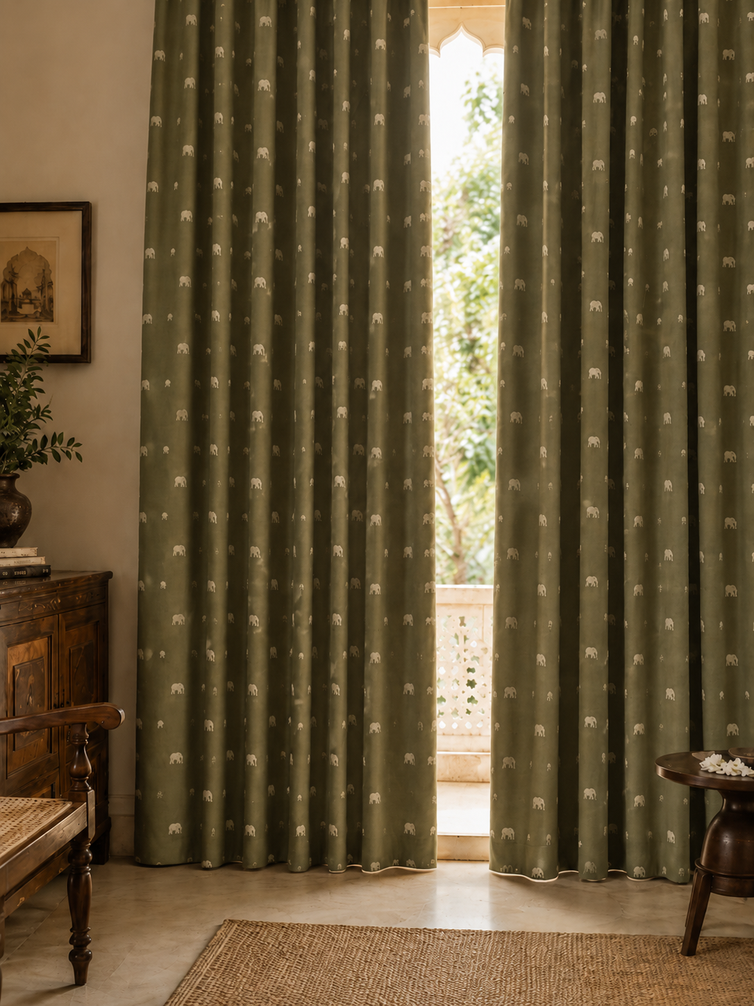 A pair of olive green curtains with a small white floral pattern, hanging in a styled room with a window opening, a wooden bench, and a rug.