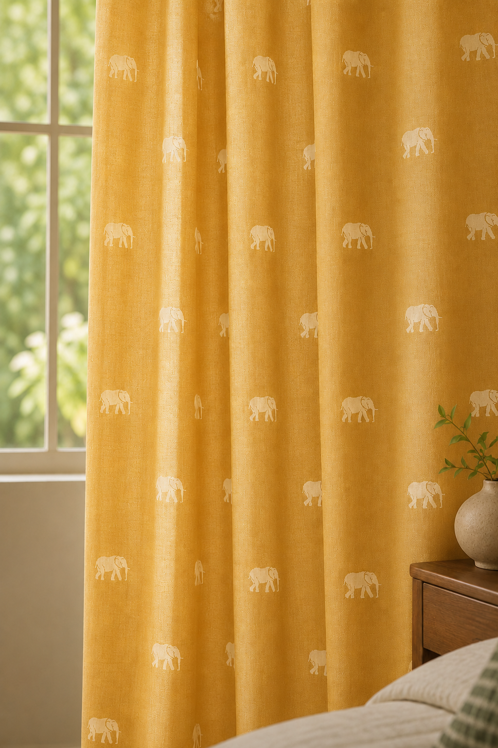 Yellow curtain panel with a repeating white elephant pattern, hanging in a bedroom setting next to a window and bedside table.