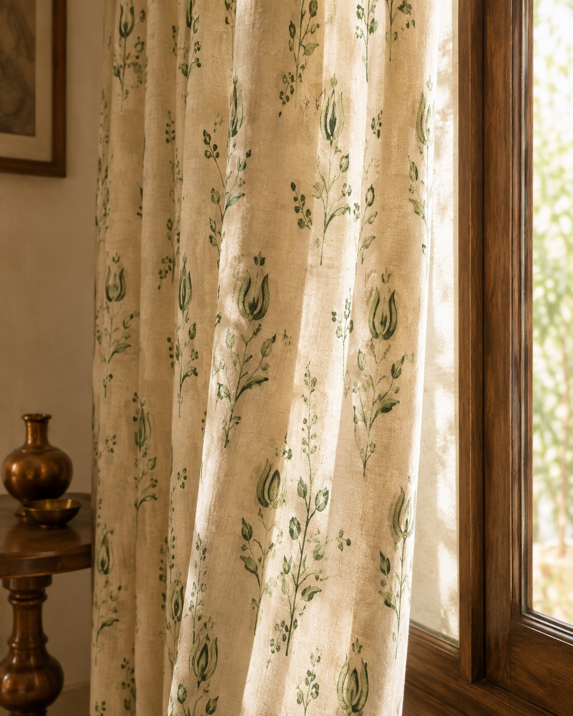 A close-up of a beige curtain panel with a green botanical floral pattern, hanging next to a dark wood window frame in a warmly lit room.