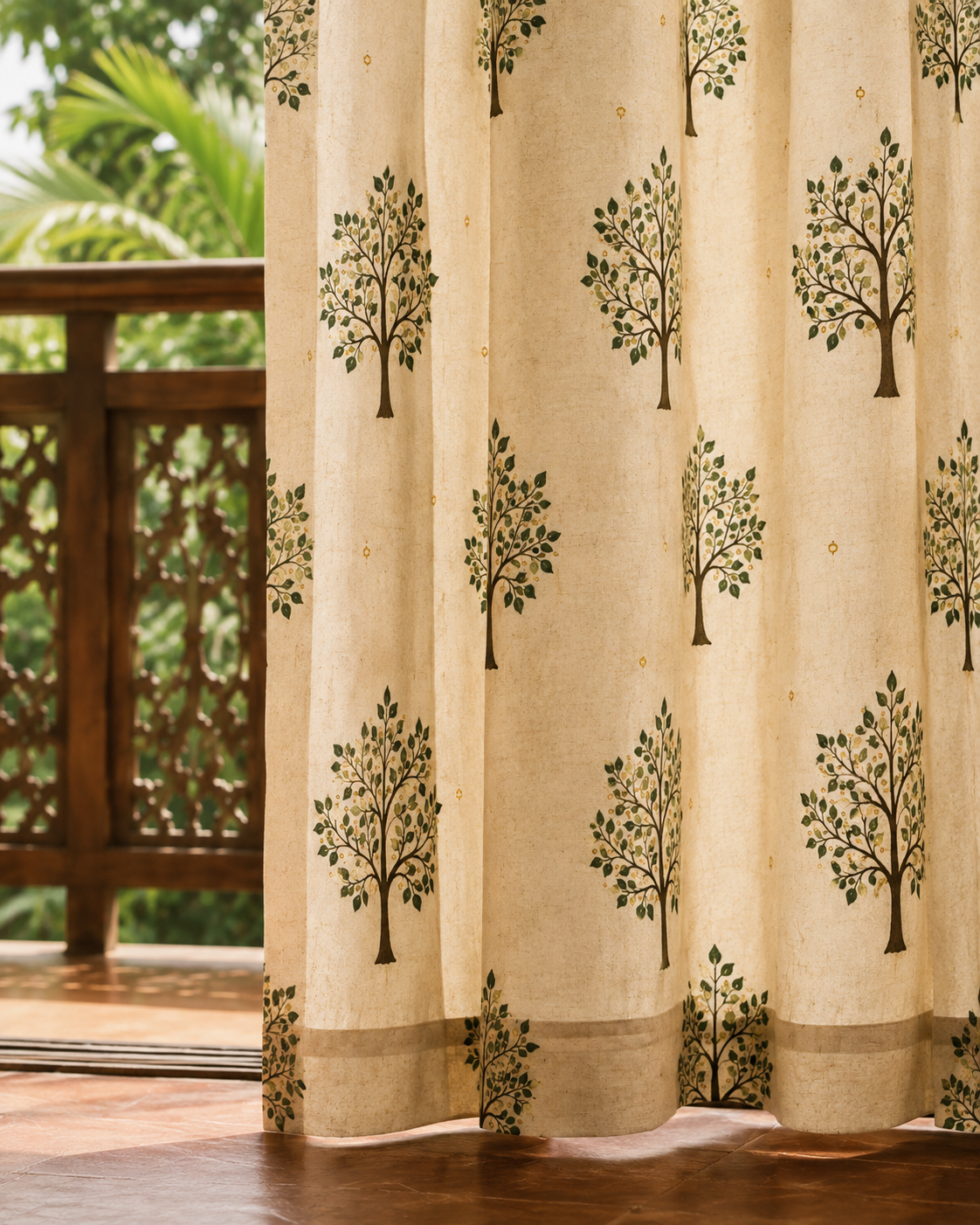 Beige curtain panels with a repeating dark green and brown tree pattern, hanging in front of a wooden balcony railing with a lush green outdoor background.