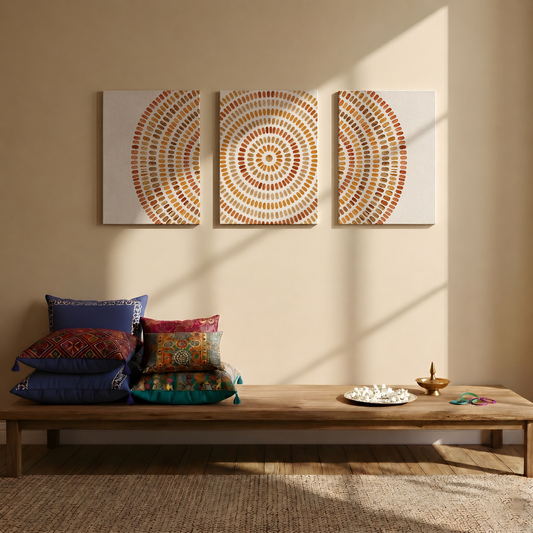 Gallery wall art set from Purnam's Aura Circle collection, angled view