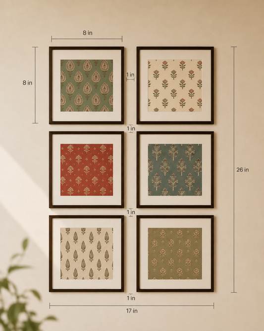 Six framed art prints with traditional Indian motifs in muted green, red, and beige tones, arranged in a 2x3 grid on a warm beige wall with Dimensions