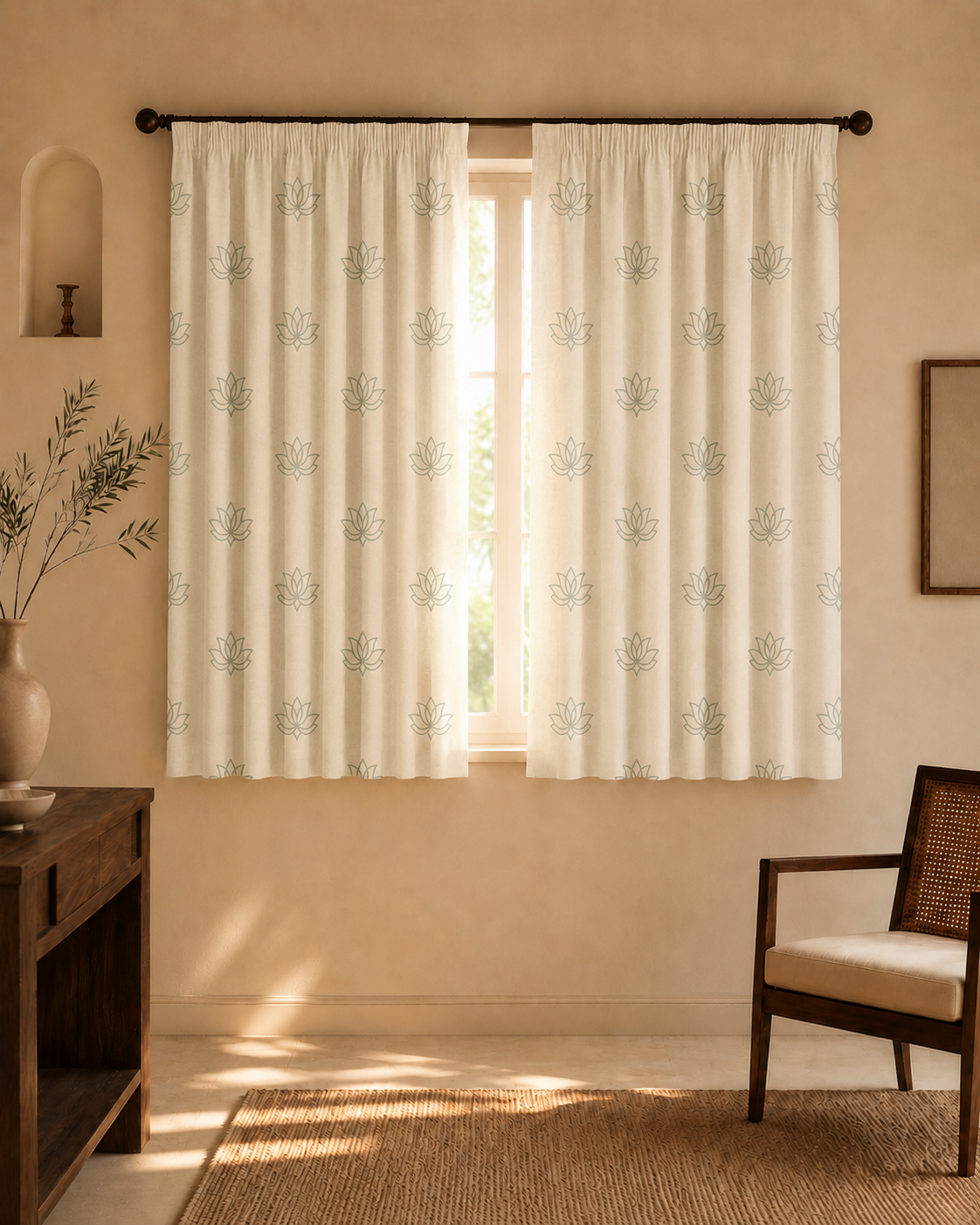 Lotus Rhythm curtains from Purnam's Padma collection, angled view