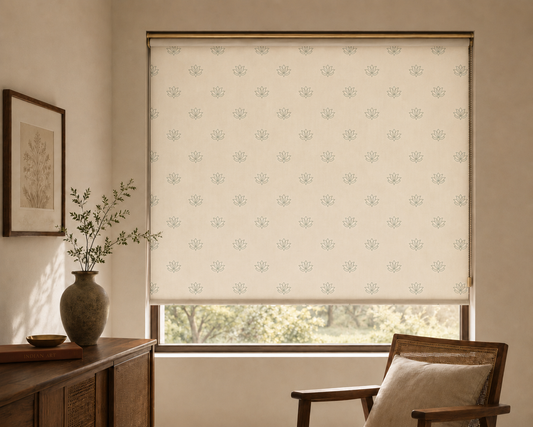 Close-up detail of the Lotus Rhythm curtains, Purnam's Padma collection