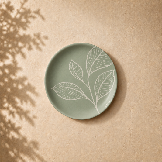 Leaf Story wall plate from Purnam's Patra Narrative collection, angled view