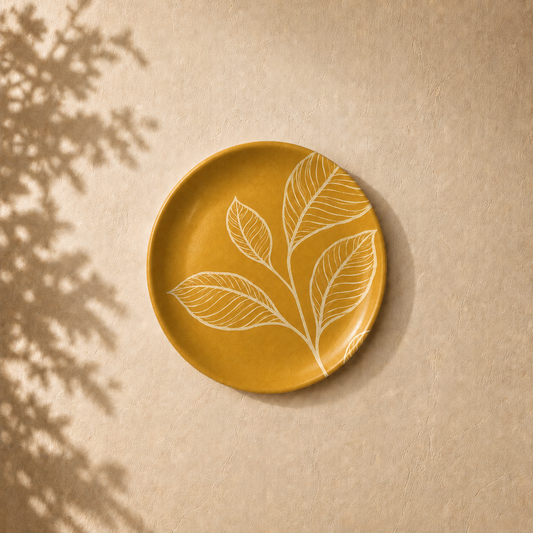 Organic Rhythm wall plate from Purnam's Patra Narrative collection, angled view