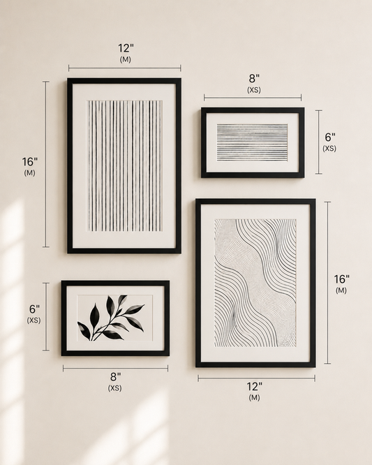 Gallery wall art set from Purnam's Rekha Harmony collection, angled view