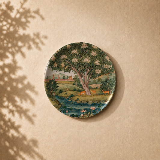 Heritage Devotion wall plate from Purnam's Sacred Sanctuaries collection, angled view