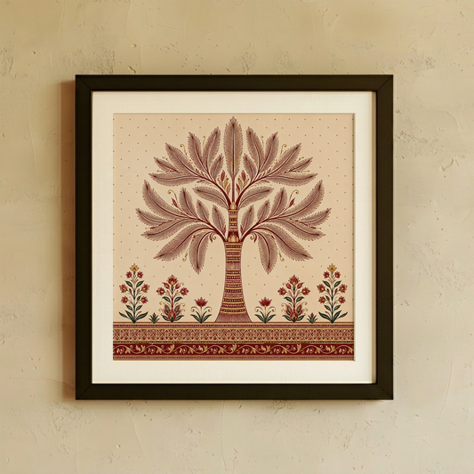 Framed wall art featuring a stylized tree with layered leafy branches in muted reddish-brown tones on a warm beige background, with small floral motifs along the bottom. The artwork is shown in a dark frame with a white mat against a textured beige wall.