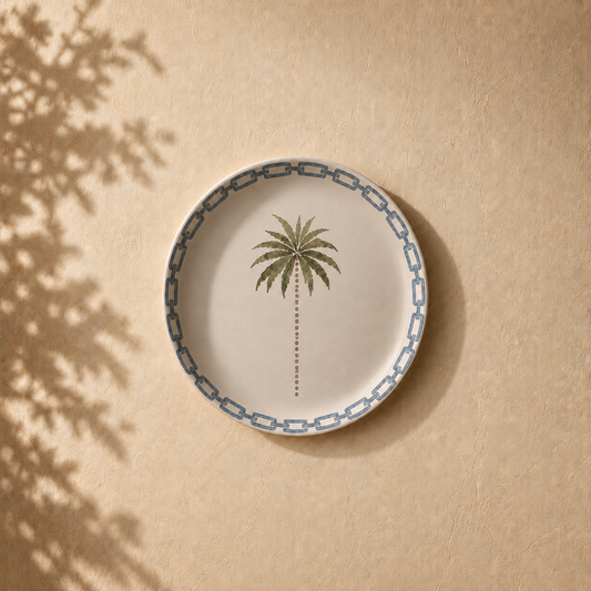 Courtyard Calm wall plate from Purnam's Sylvan Courtyard collection, angled view