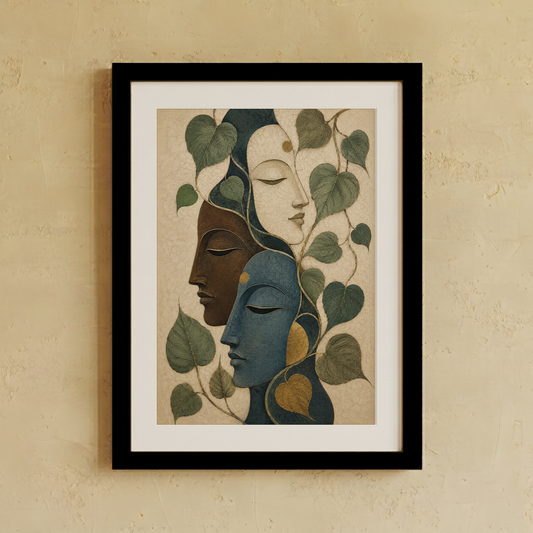 Framed wall art featuring an abstract, stylized illustration of three serene faces surrounded by green leaves, displayed on a textured beige wall.