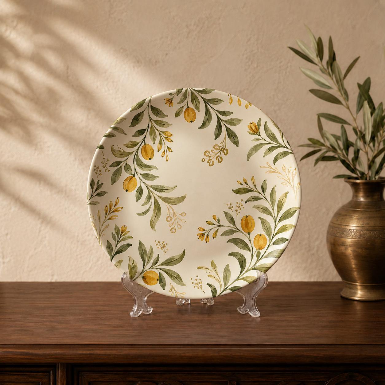 Close-up detail of the Tropical Abundance wall plate, Purnam's Tropical Fruits collection
