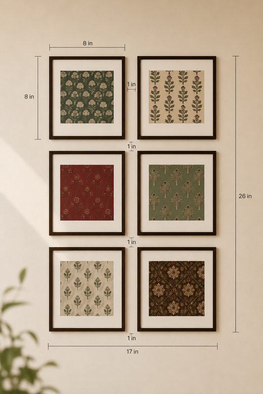 Six framed art prints with traditional botanical and floral patterns arranged in a 2x3 grid on a beige wall, with dimension lines and labels showing measurements of 8 in, 17 in, 26 in, and 1 in.