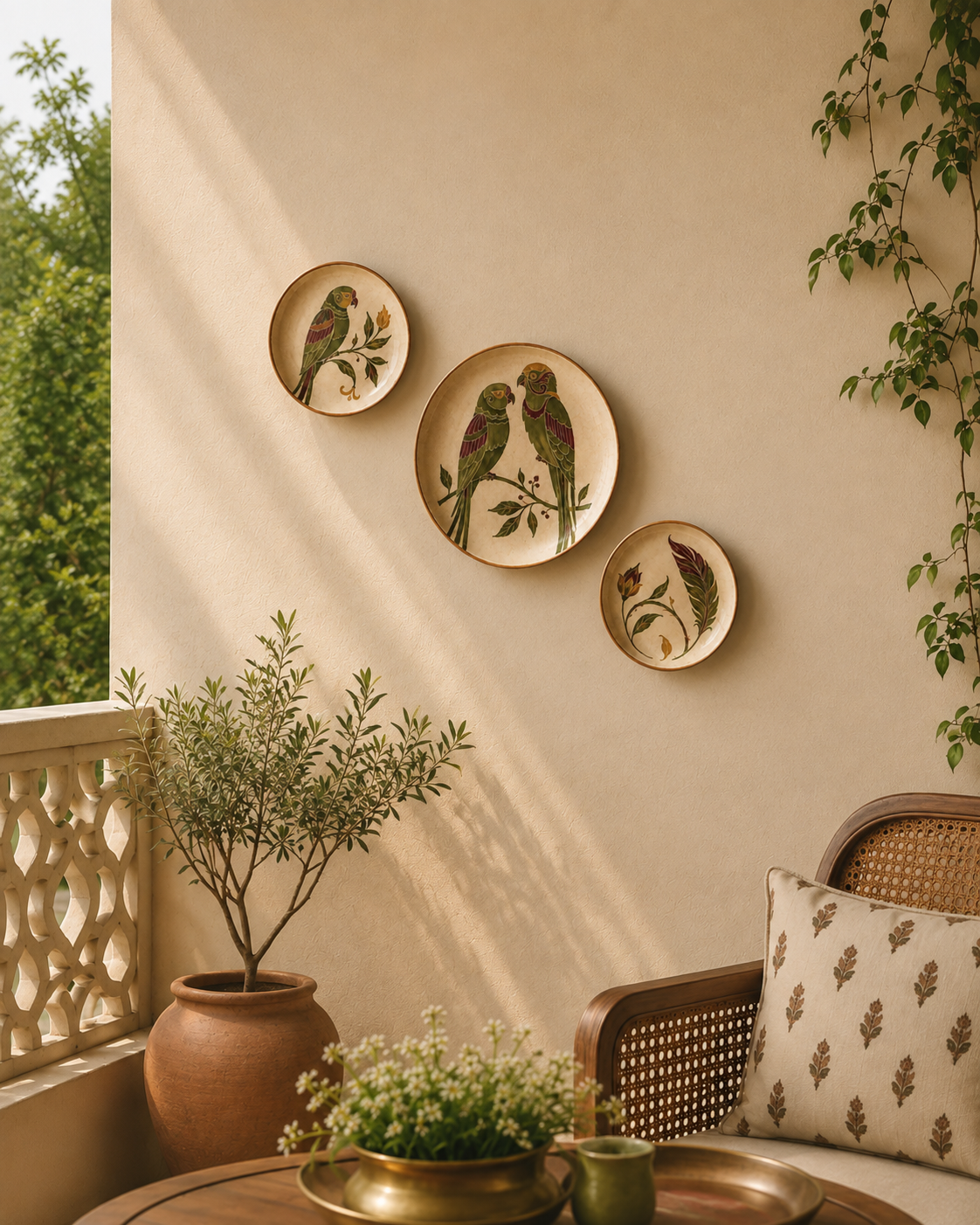 Three round decorative wall plates with painted birds and botanical motifs, displayed on a beige wall in a sunlit outdoor patio setting with plants and a woven chair.