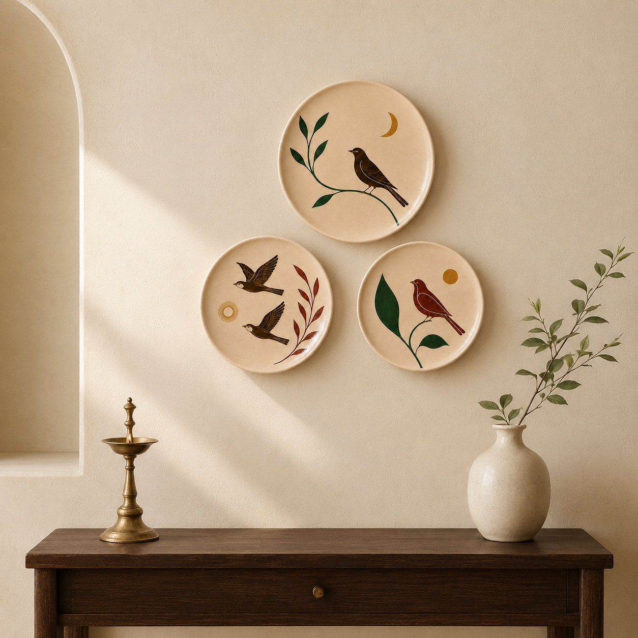 Three round decorative plates with bird and botanical illustrations hang on a beige wall above a dark wooden console table. A white vase with greenery and a brass candle holder sit on the table.