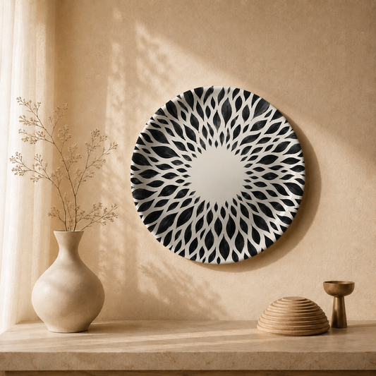 Modern Mandala ceramic wall plate with radial geometric pattern