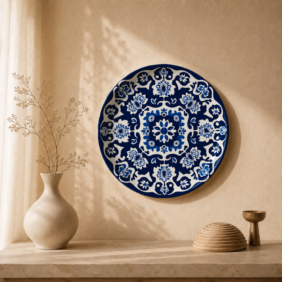 Moroccan Tile ceramic wall plate with intricate zellige-inspired pattern