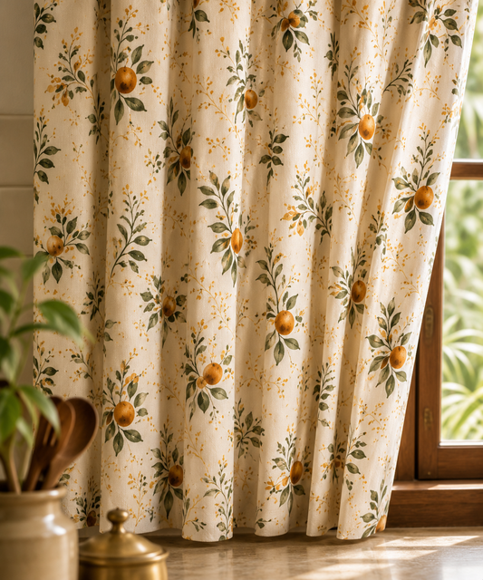A pair of cream-colored curtains with a vintage-style botanical print featuring green leaves, yellow-orange flowers, and small yellow dots, hanging in front of a window.