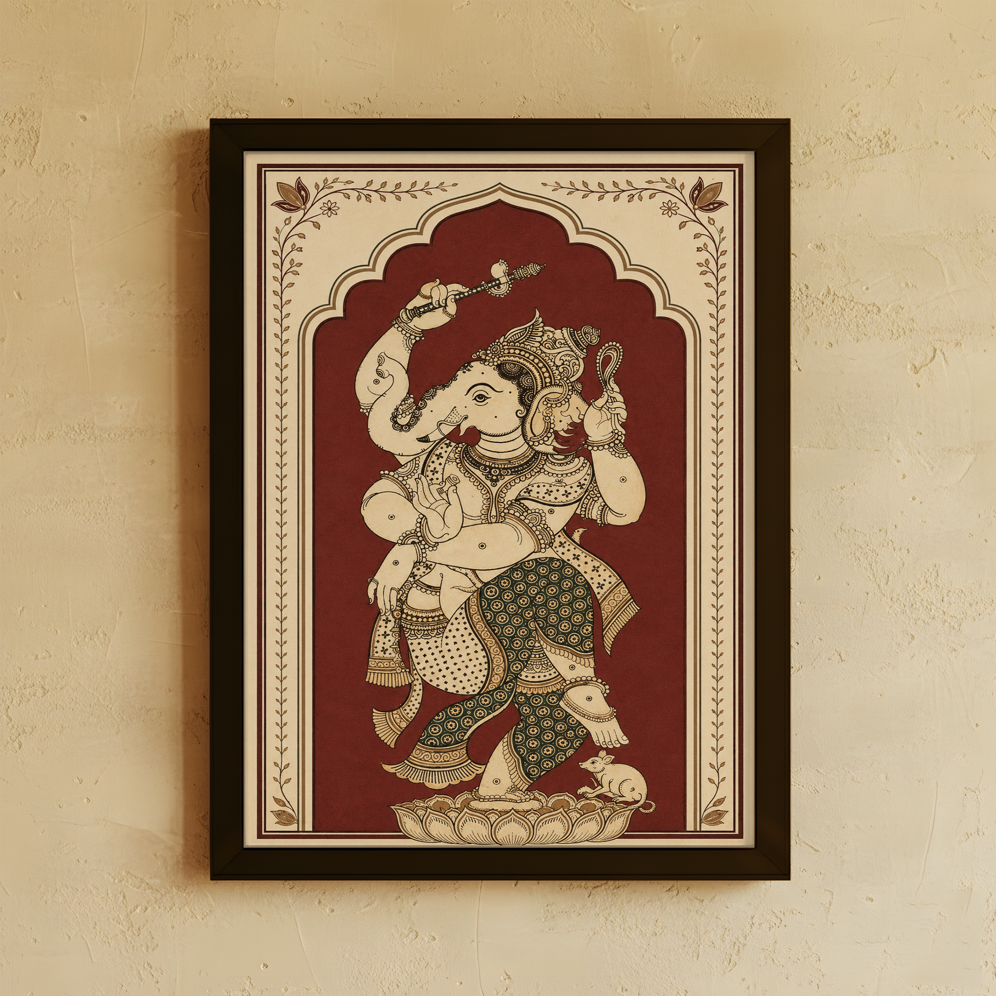 Dancing Ganesha wall art, intricately detailed to capture divine rhythm, joy, and auspicious energy. A striking statement piece for warm, thoughtfully styled interiors.