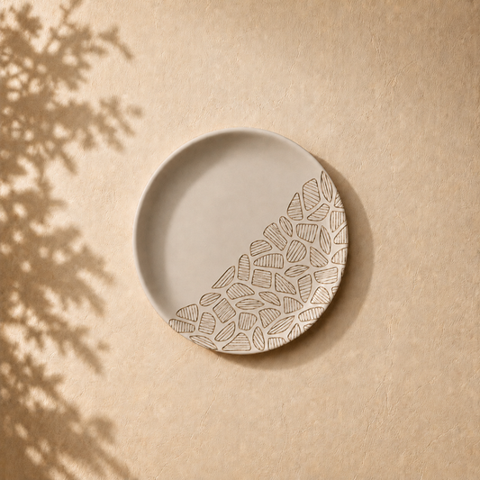 Modern Ardha wall plate from Purnam's Ardha collection, angled view