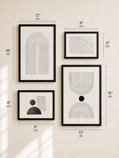Four framed abstract wall art prints in black frames, arranged on a light beige wall with dimension callouts showing sizes in inches and centimeters.