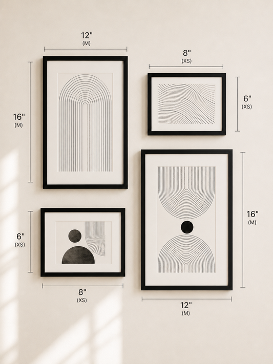 Four framed abstract wall art prints in black frames, arranged on a light beige wall with dimension callouts showing sizes in inches and centimeters.