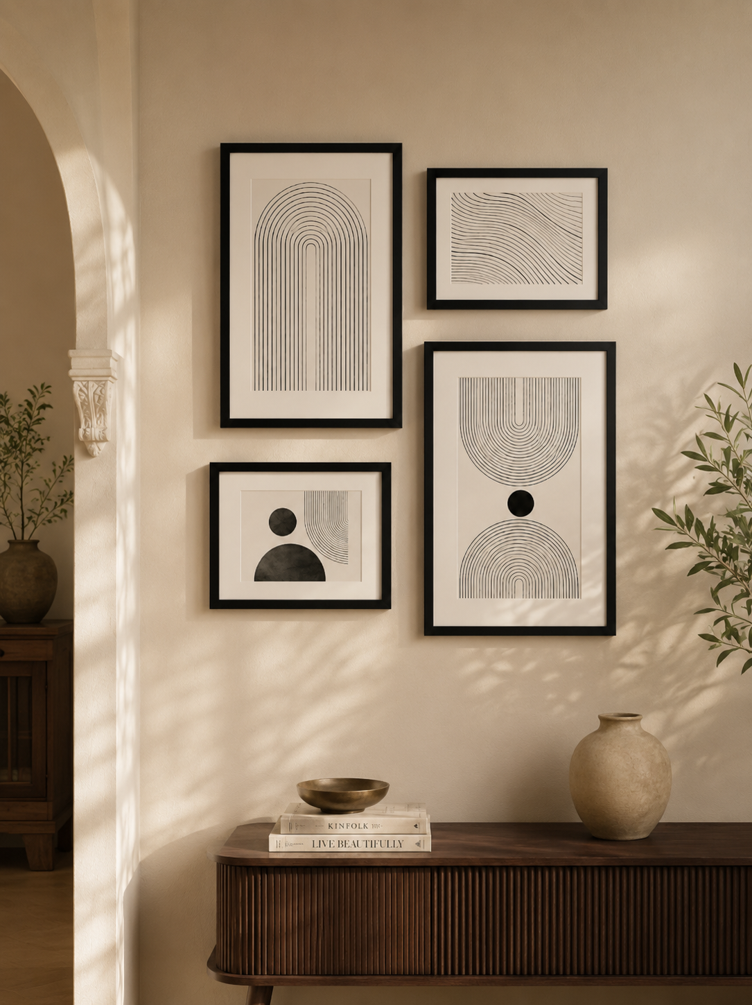 Four framed abstract black-and-white wall art prints arranged above a dark wood console table in a warm, sunlit interior with an archway and plant visible.
