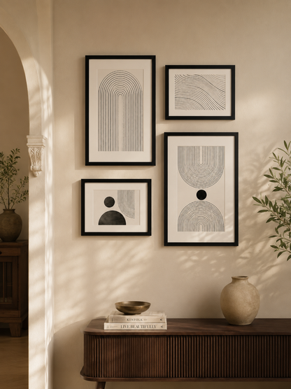 Four framed abstract black-and-white wall art prints arranged above a dark wood console table in a warm, sunlit interior with an archway and plant visible.