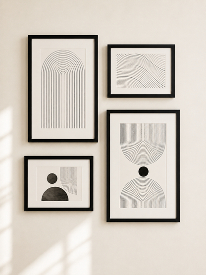 Four framed abstract wall art prints in black frames, arranged on a light beige wall.