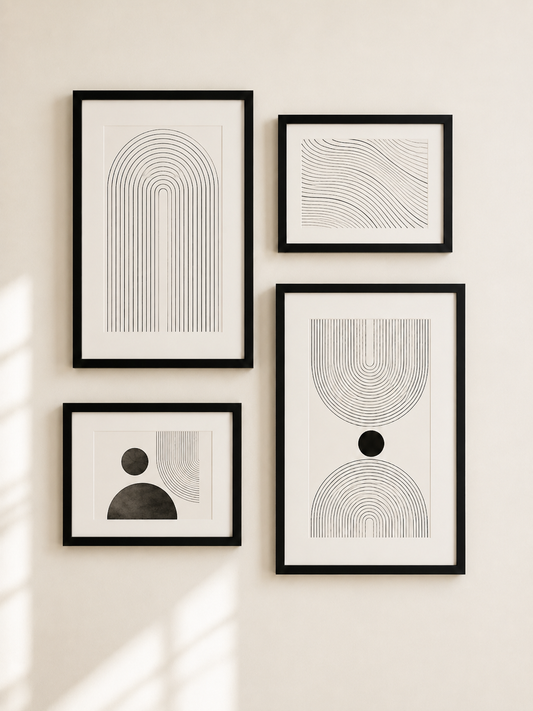 Four framed abstract wall art prints in black frames, arranged on a light beige wall.
