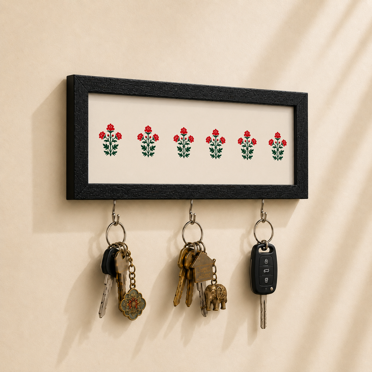 Beige and Roses key holder from Purnam, angled view