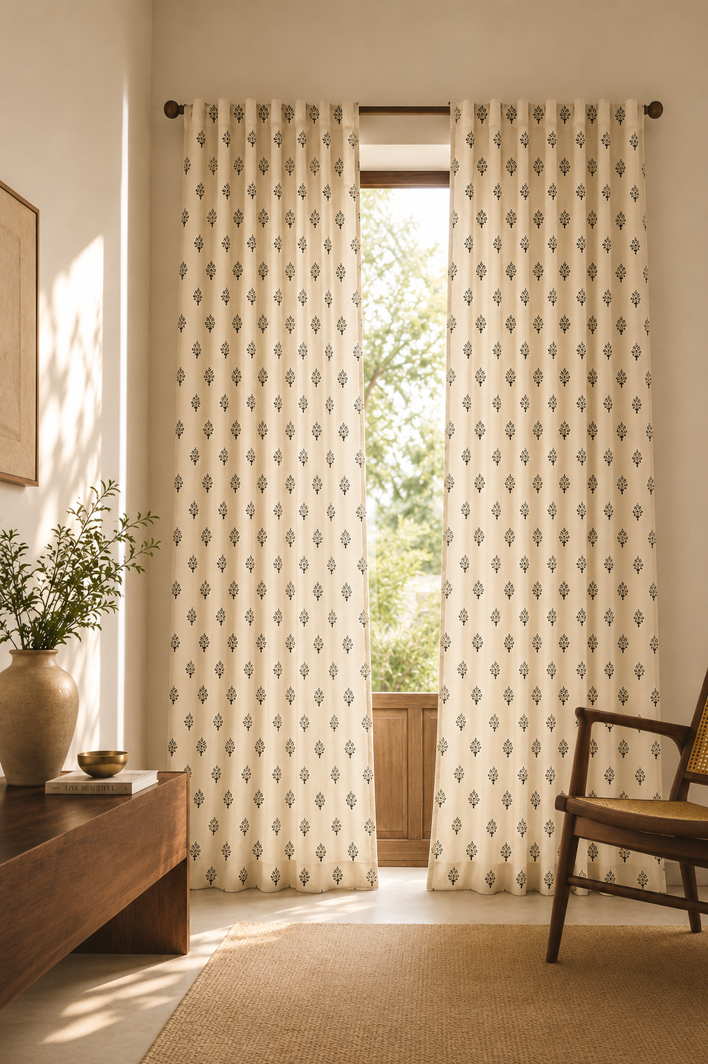 Classic Buta curtains from Purnam's Buta Vignettes collection, front view