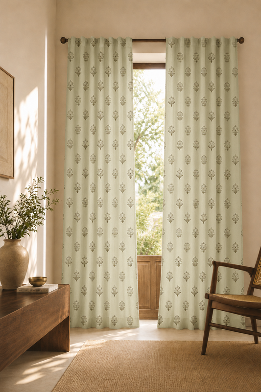 Modern Tradition curtains from Purnam's Buta Vignettes collection, front view