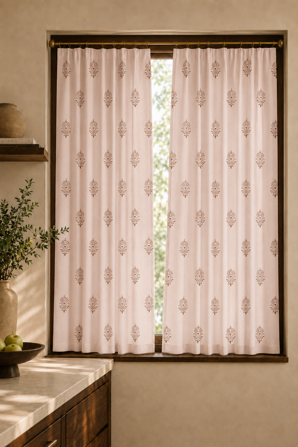 Soft Heritage curtains from Purnam's Buta Vignettes collection, angled view