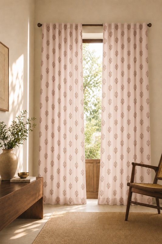 Soft Heritage curtains from Purnam's Buta Vignettes collection, front view