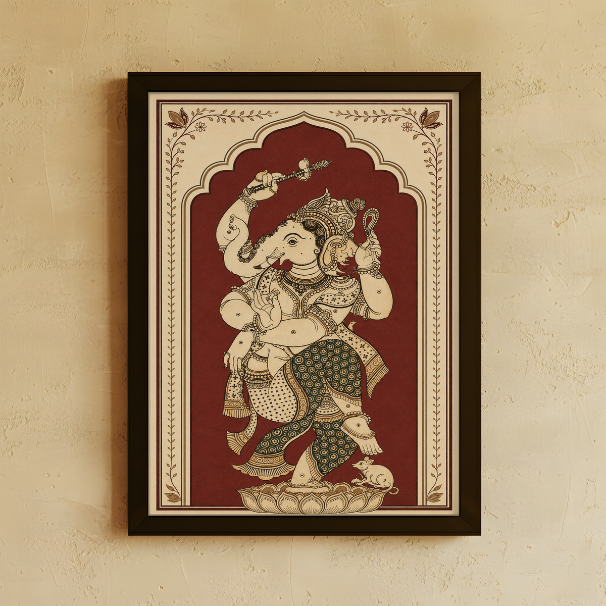 Dancing Ganesha wall art, intricately detailed to capture divine rhythm, joy, and auspicious energy. A striking statement piece for warm, thoughtfully styled interiors.