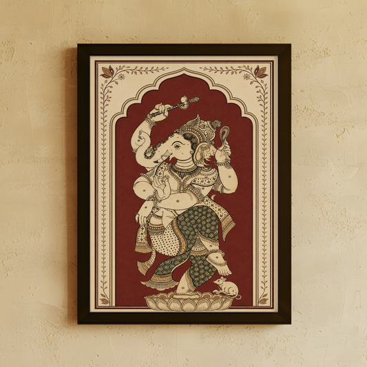 Dancing Ganesha wall art, intricately detailed to capture divine rhythm, joy, and auspicious energy. A striking statement piece for warm, thoughtfully styled interiors.