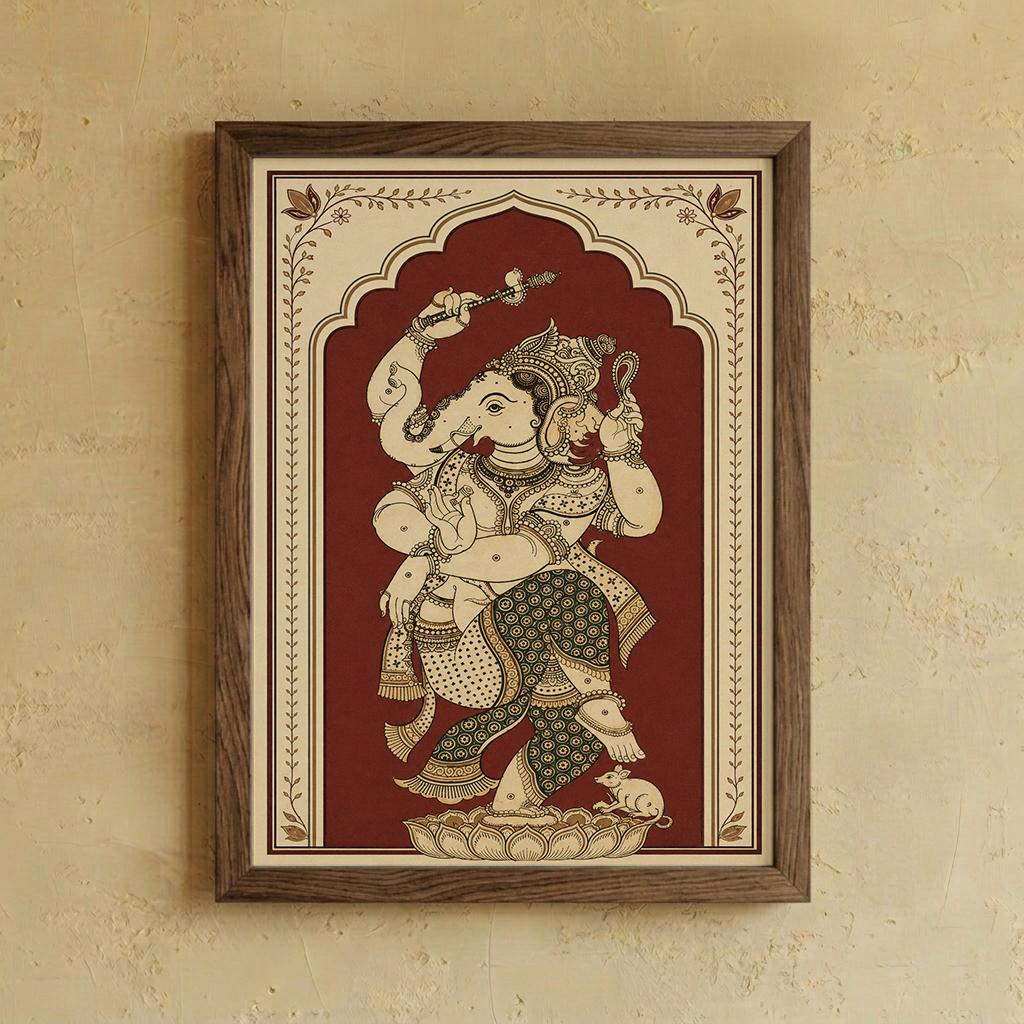 Framed Indian wall art featuring a traditional Ganesha illustration in beige and dark green on a deep red background, enclosed in a dark brown wooden frame and mounted on a textured beige wall.