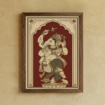 Framed Indian wall art featuring a traditional Ganesha illustration in beige and dark green on a deep red background, enclosed in a dark brown wooden frame and mounted on a textured beige wall.