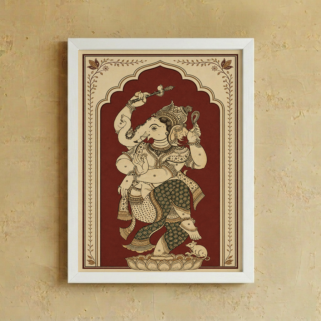 A framed art print of Lord Ganesha, featuring a detailed illustration of the deity in traditional attire on a deep red background, enclosed in a white frame and mounted on a textured beige wall.