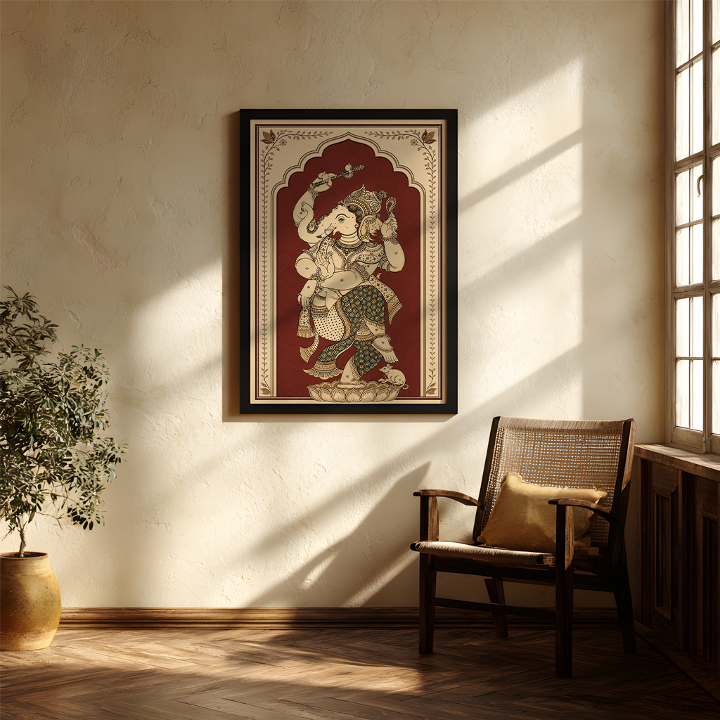 A framed art print of Lord Ganesha displayed in a sunlit room above a wooden chair with a potted plant nearby.