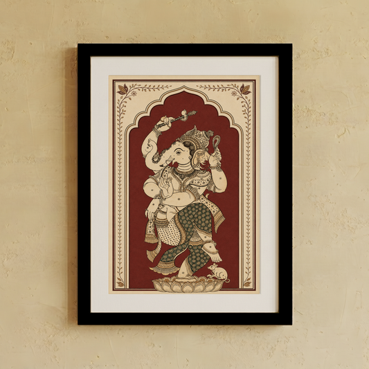 Dancing Ganesha wall art, intricately detailed to capture divine rhythm, joy, and auspicious energy. A striking statement piece for warm, thoughtfully styled interiors.