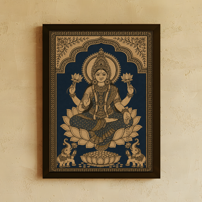 A framed Indian-style wall art print featuring a seated Hindu goddess on a lotus with ornate floral borders, hung on a textured beige wall.
