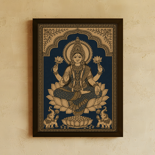 A framed Indian-style wall art print featuring a seated Hindu goddess on a lotus with ornate floral borders, hung on a textured beige wall.