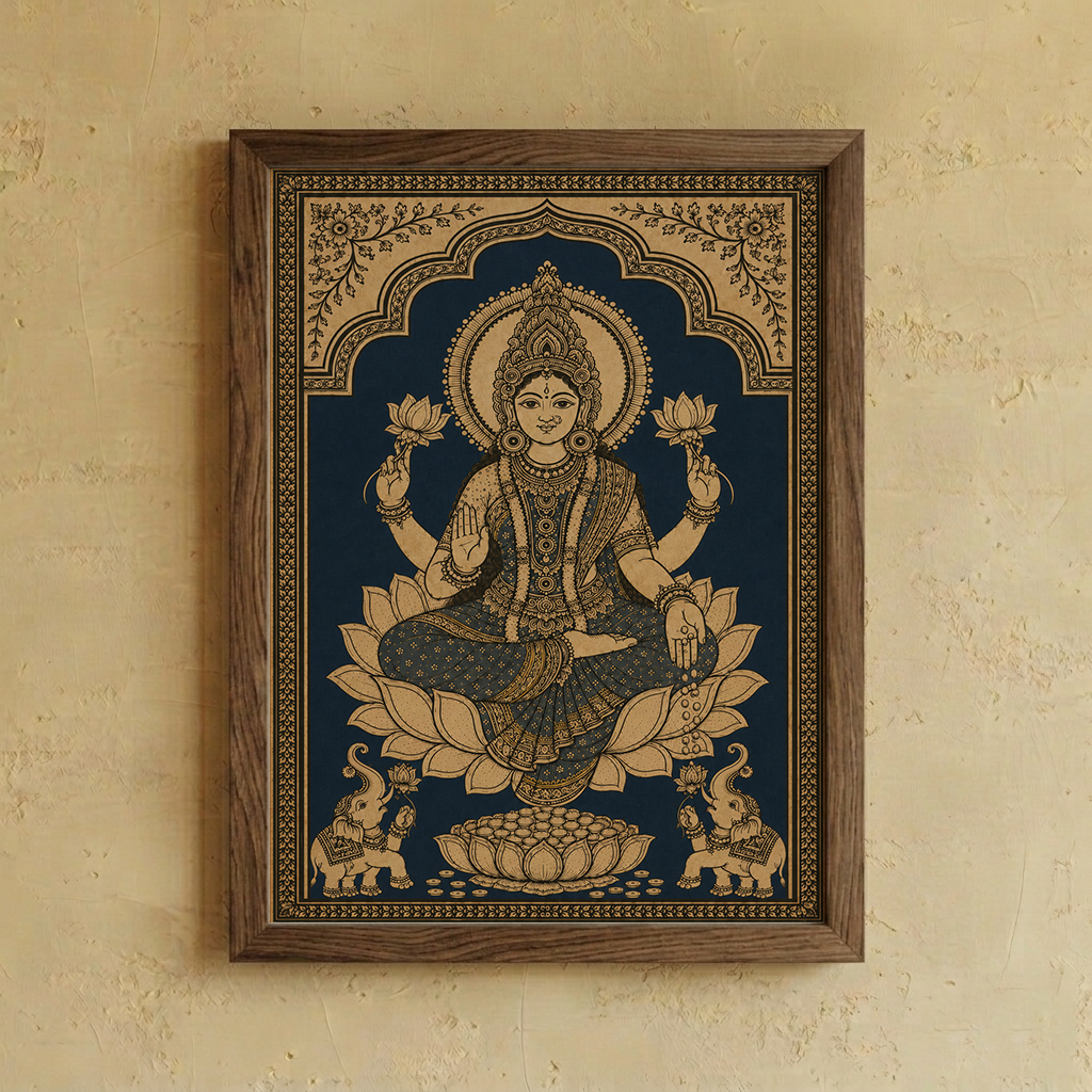 A framed Indian folk art print of Goddess Lakshmi seated on a lotus, mounted on a textured beige plaster wall.