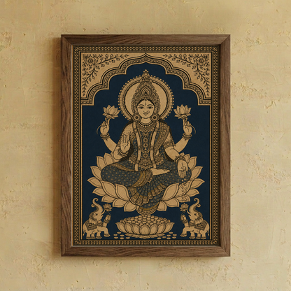 A framed Indian folk art print of Goddess Lakshmi seated on a lotus, mounted on a textured beige plaster wall.