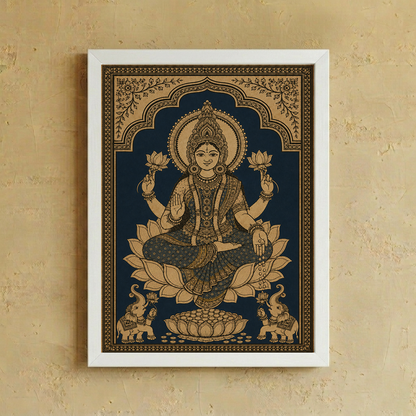 A framed art print of the Hindu goddess Lakshmi, depicted in a traditional Indian style with gold-toned details on a dark navy blue background, mounted on a textured beige wall.