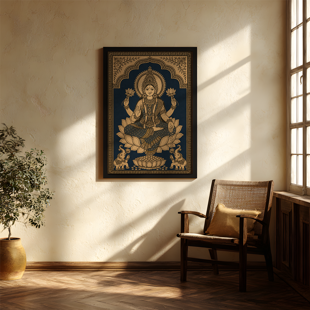 A framed wall art print depicting a seated Hindu deity on a lotus, styled in a warm, sunlit room with a wooden chair, potted plant, and textured beige wall.