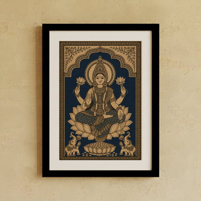 A framed art print of a Hindu goddess seated on a lotus, shown hanging on a textured beige wall. The print features a dark navy blue background with intricate gold illustrations, surrounded by a white mat and a simple black frame.